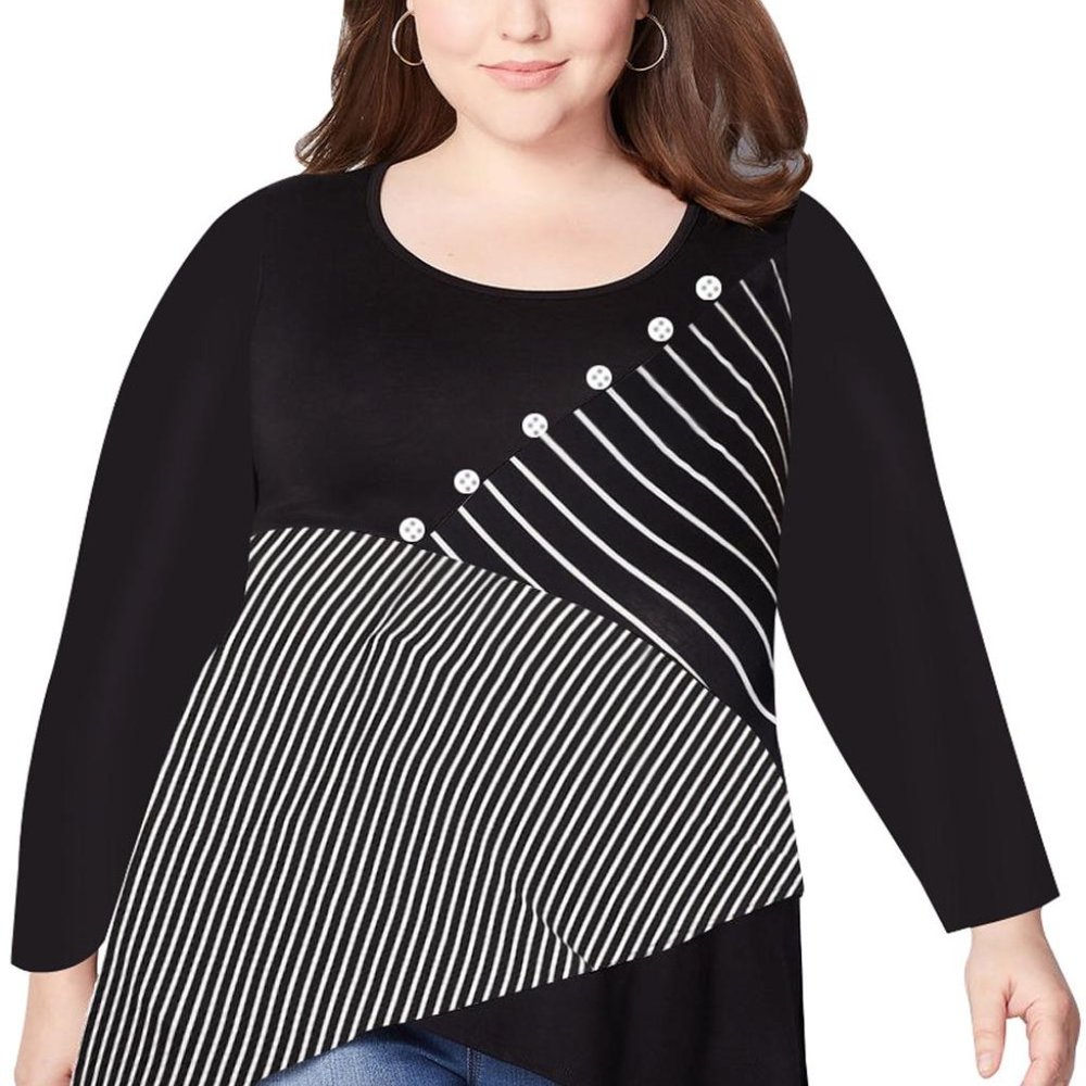 Black Asymmetric Shark Bite Striped Plus Size Top